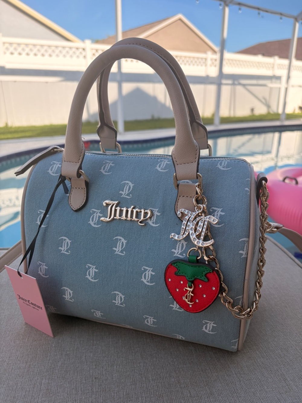 Juicy Couture Denim/ Light Blue Logo Satchel with Strawberry Charm - Picture 4 of 10